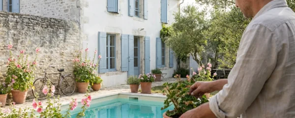 Whitewashed French villa with blue shutters and private pool on Île de Ré