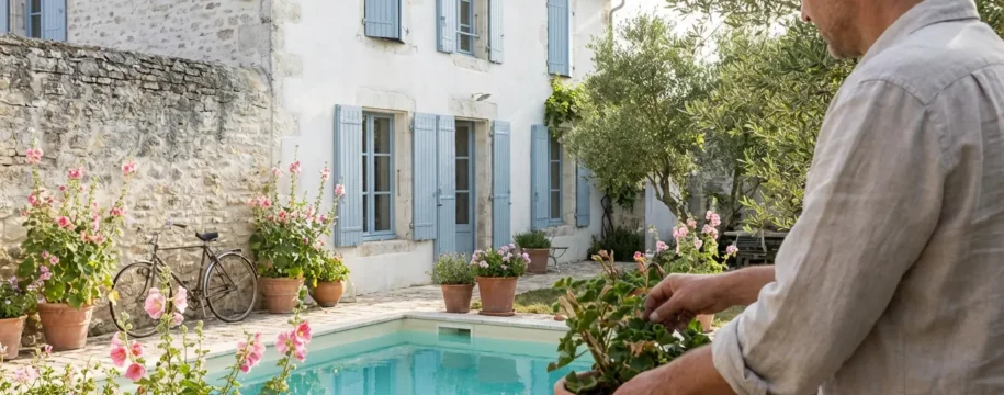 Whitewashed French villa with blue shutters and private pool on Île de Ré