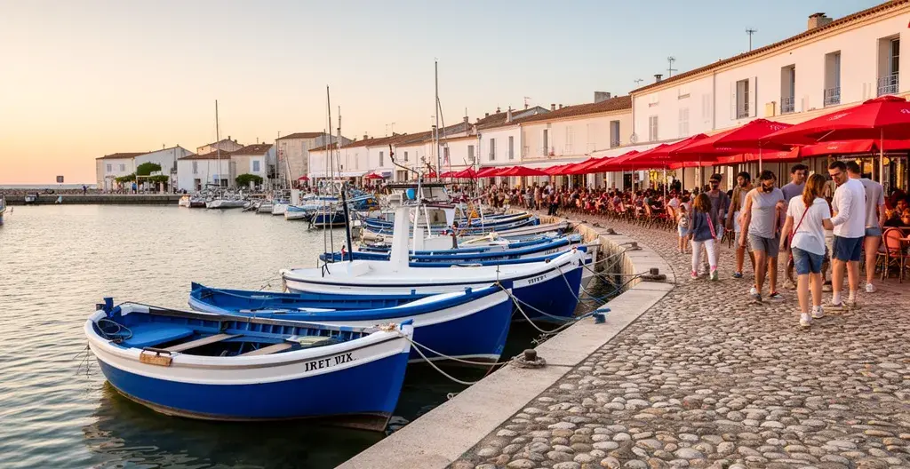 Colourful fishing boats in Saint-Martin-de-Ré harbour with restaurant terraces