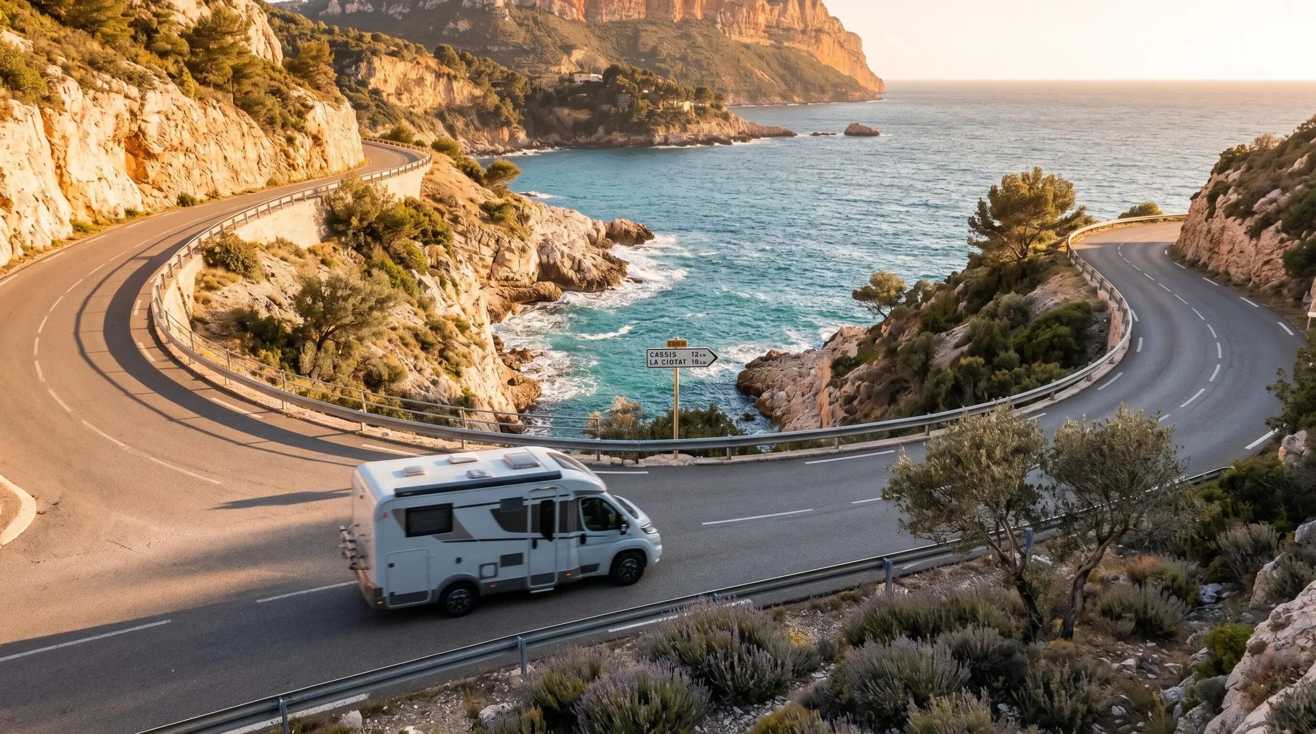 White campervan driving along winding Mediterranean coastal road in southern France with dramatic sea cliffs, turquoise water below, lavender and olive vegetation, French direction sign visible, warm late afternoon sunlight creating golden tones