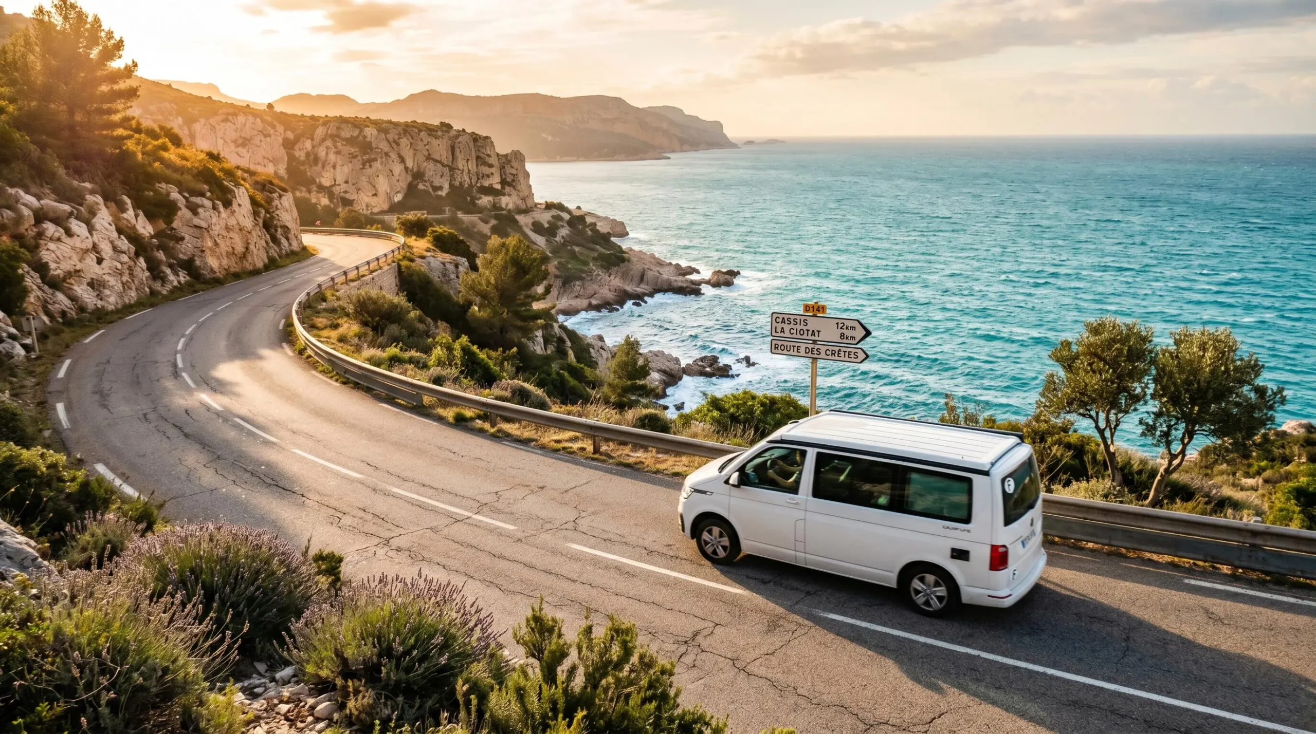 White campervan driving along winding Mediterranean coastal road in southern France with dramatic sea cliffs, turquoise water below, lavender and olive vegetation, French direction sign visible, warm late afternoon sunlight creating golden tones