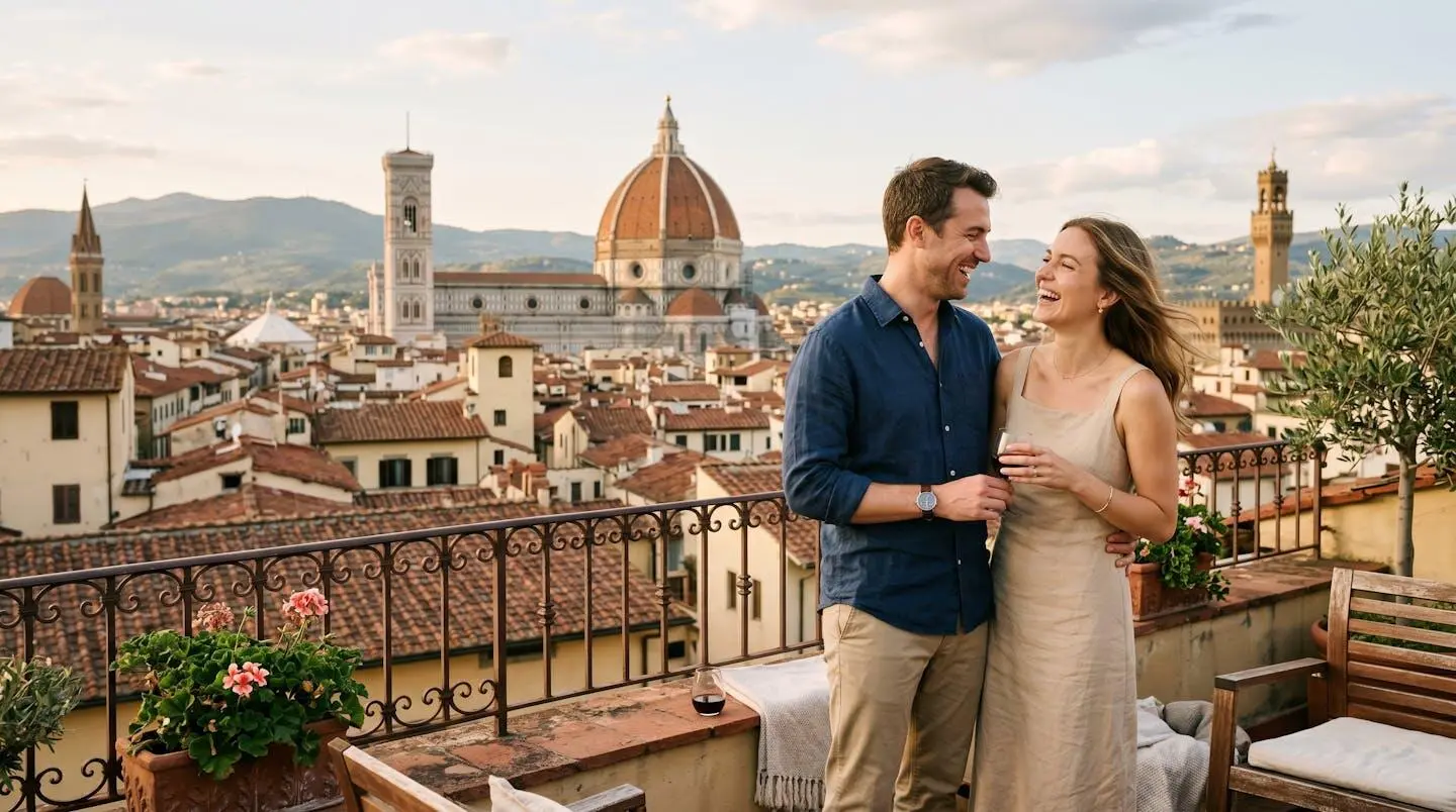 A couple standing on a terrace overlooking the Florence skyline with the Duomo dome in the background during a sunny day