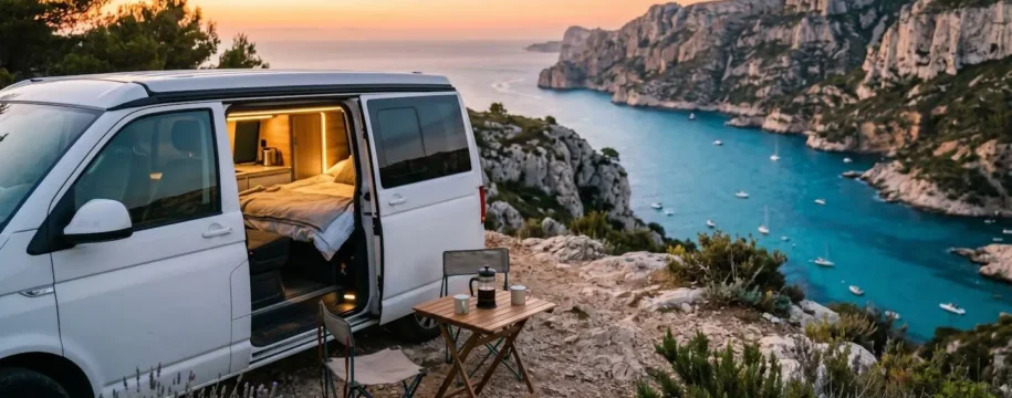 Modern campervan parked on French coastal cliff at sunrise with open side door revealing interior, small table with coffee setup outside, Mediterranean sea and dramatic cliffs in background bathed in golden morning light