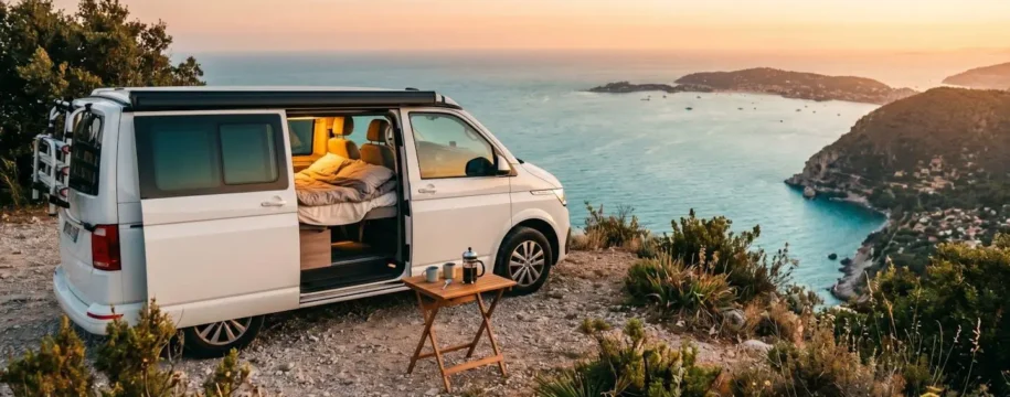Modern campervan parked on French coastal cliff at sunrise with open side door revealing interior, small table with coffee setup outside, Mediterranean sea and dramatic cliffs in background bathed in golden morning light
