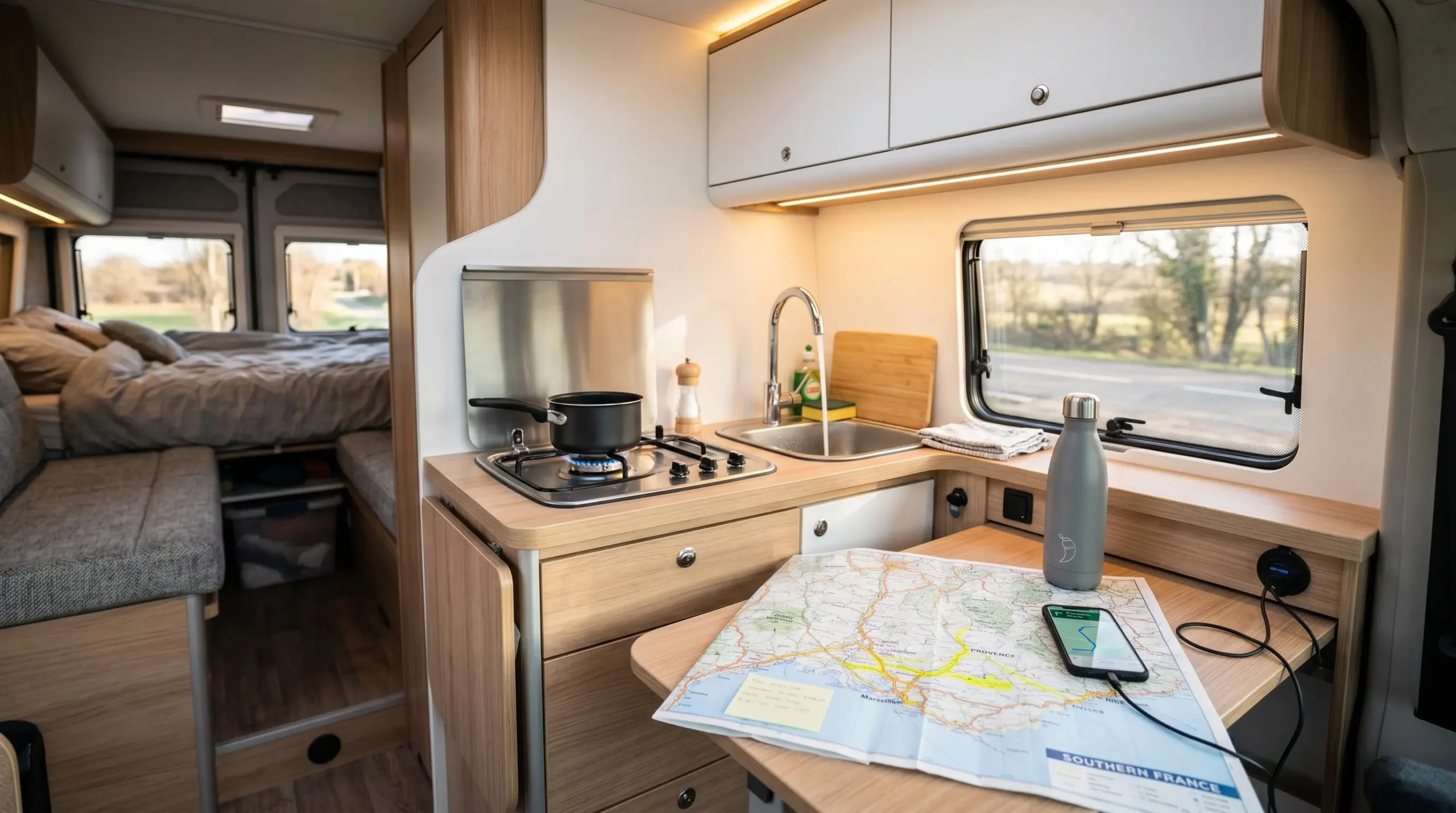 Interior view of modern campervan showing equipped kitchenette with stove and sink, white storage cabinets, fold-down table with France travel map, USB charging setup, and sleeping area in background with natural daylight through windows