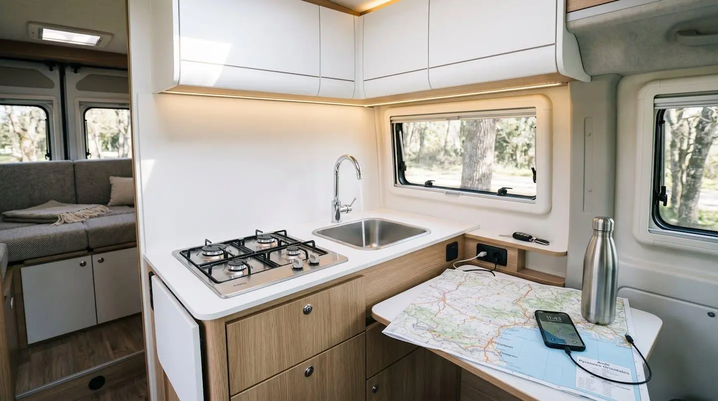 Interior view of modern campervan showing equipped kitchenette with stove and sink, white storage cabinets, fold-down table with France travel map, USB charging setup, and sleeping area in background with natural daylight through windows