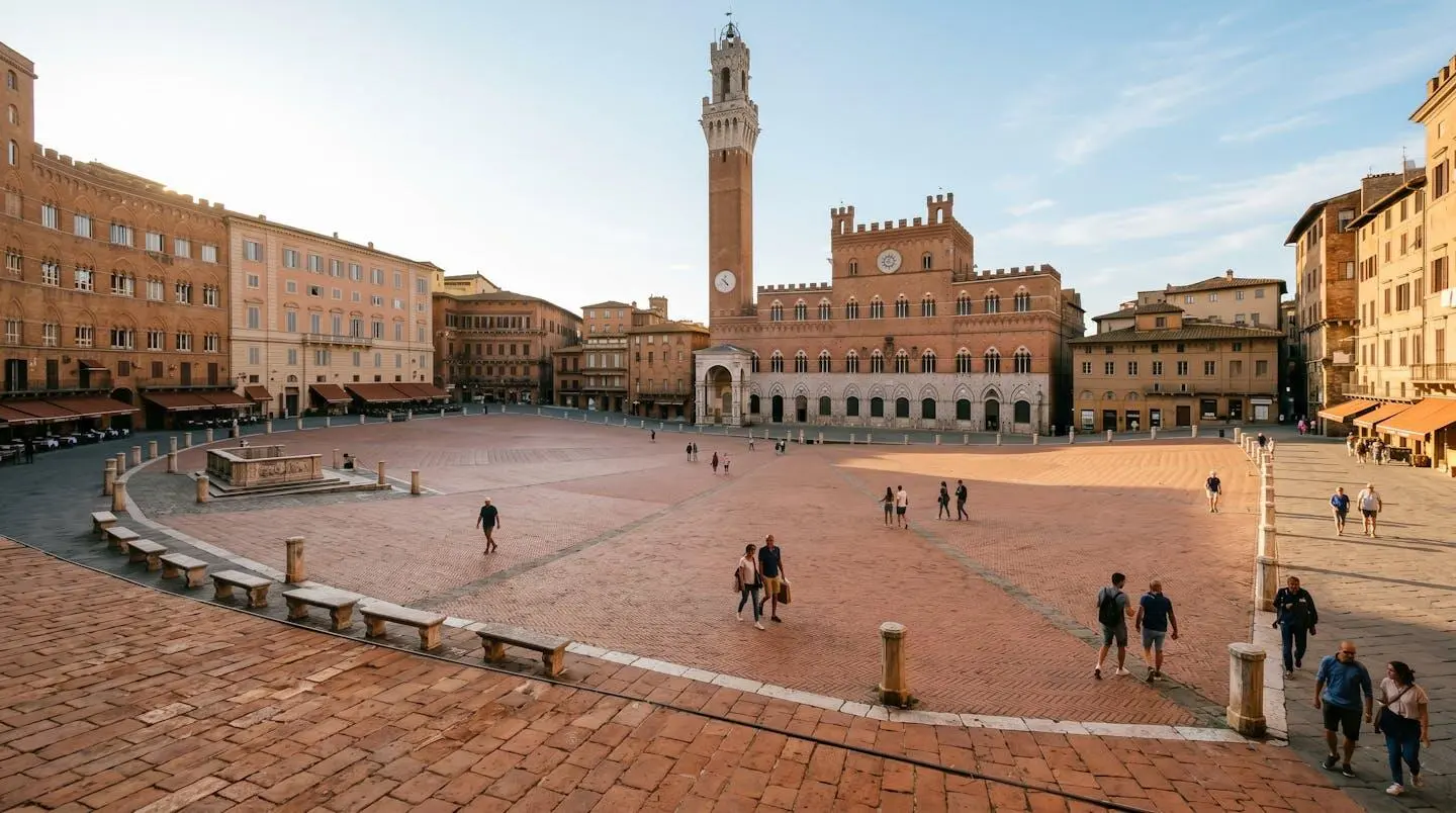 Wide view of Siena's Piazza del Campo with terracotta rooftops and tourists walking in soft morning light