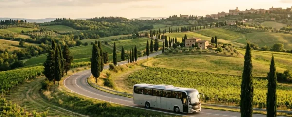 A comfortable modern coach driving through rolling Tuscany hills near Livorno with cypress trees lining the road at golden hour