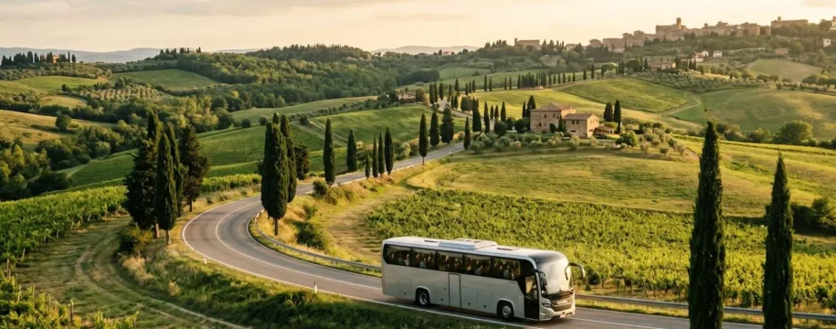 A comfortable modern coach driving through rolling Tuscany hills near Livorno with cypress trees lining the road at golden hour