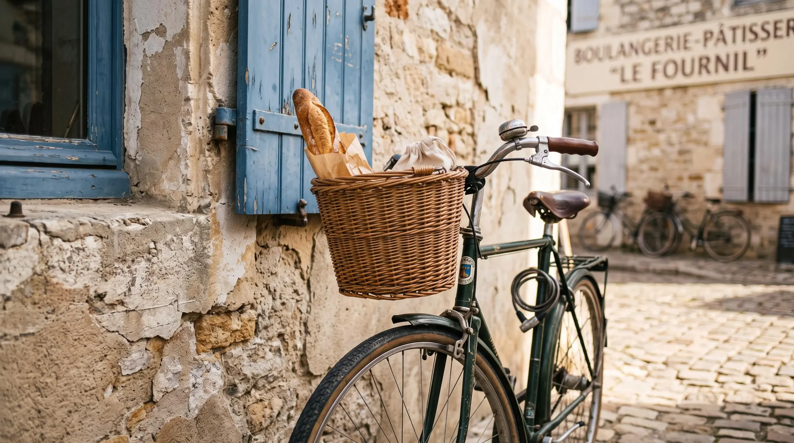 A bicycle with a baguette in its basket leans against a stone wall in the village.