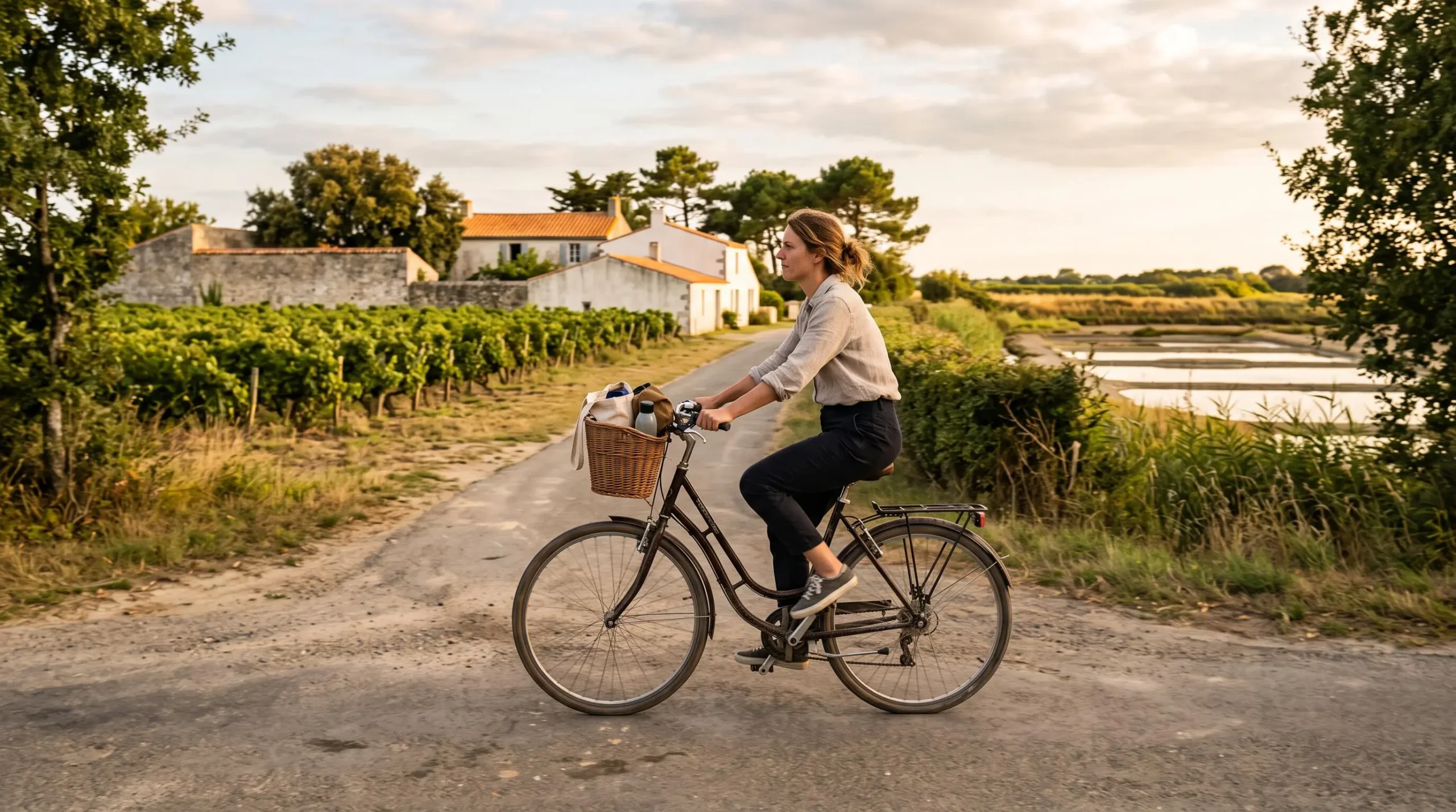 A cyclist rides a quiet lane between vineyards and stone walls near Sainte-Marie-de-Re.