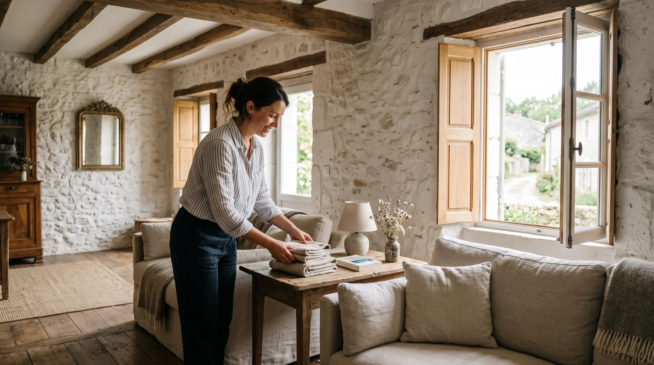 A woman prepares a bright stone holiday rental with linen sofa and open shutters.
