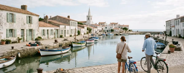 Whitewashed harbor houses and moored boats in the quiet village of Sainte-Marie-de-Re.