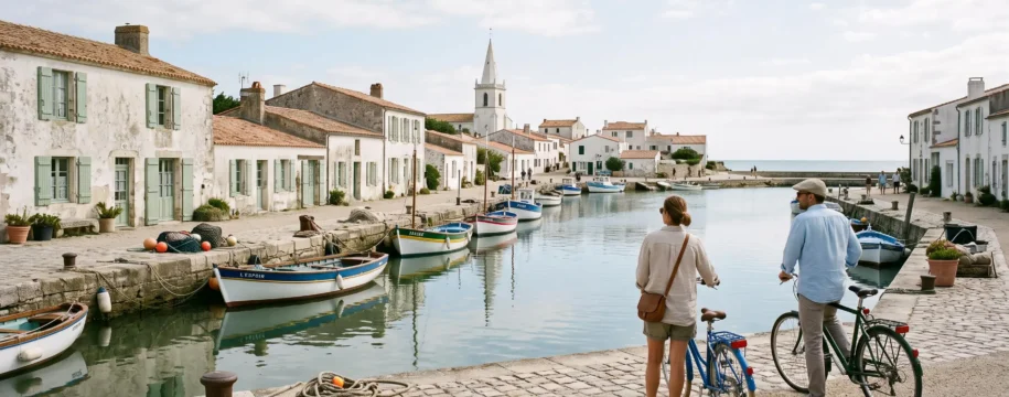 Whitewashed harbor houses and moored boats in the quiet village of Sainte-Marie-de-Re.
